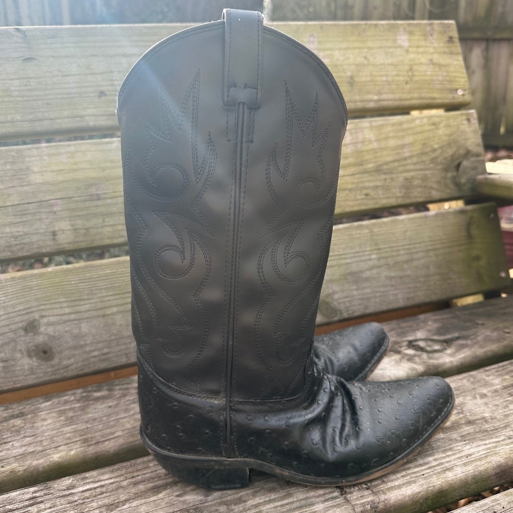 Out West Mens Black Leather Cowboy Boots Ostrich‎ Pointed Toe VCM9010 Size 8.5